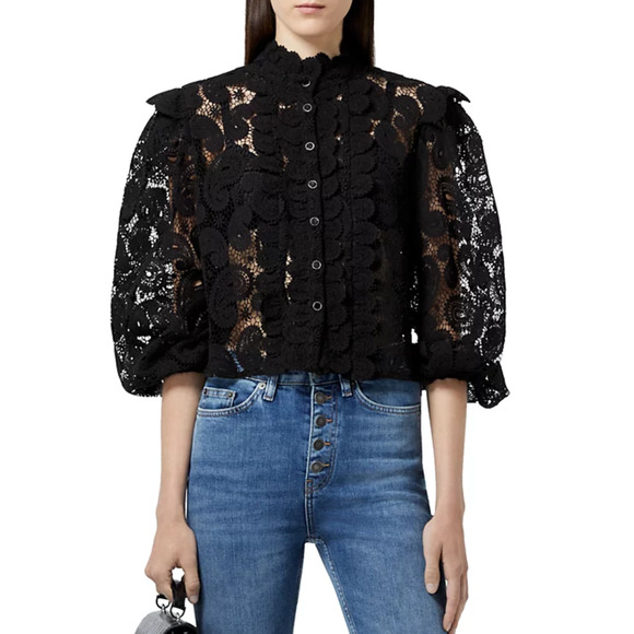 The Kooples Women High Neck Lace Blouse Black Size 1/S - Picture 1 of 7